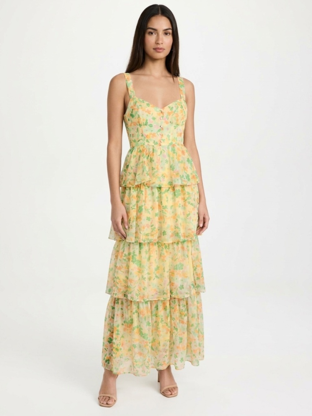 NWT ASTR THE LABEL Tiered Maxi sleeveless Yellow Floral Babydoll Dress Sz S
